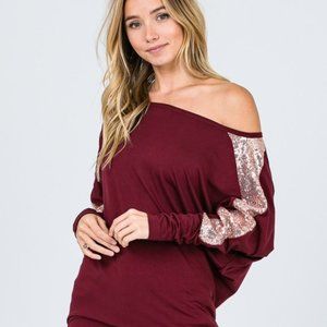 NEW Burgundy Off Shoulder Sequin Sleeve Dolman Top Size Medium
